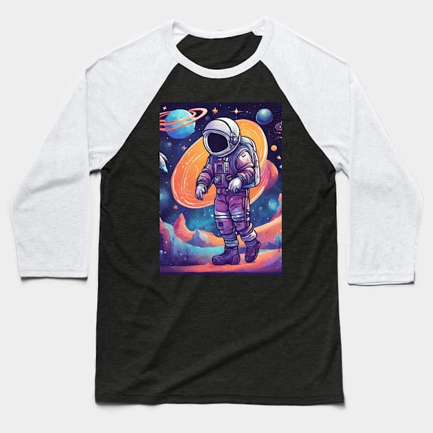 Colourful Astronaut Space Walking Baseball T-Shirt by Elysian Alcove